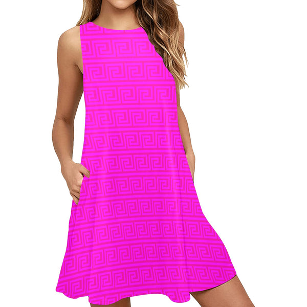 fuchsia greek key offset print Sleeveless A-Line Pocket Dress (Model D57) - Objet D'Art