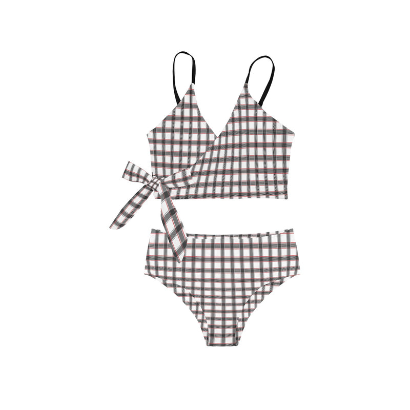 grid red gray print 2 Knot Side Bikini Swimsuit (Model S37) - Objet D'Art