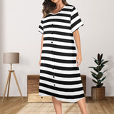 bw bold striped print 2 Women's Button Front House Dress - Objet D'Art