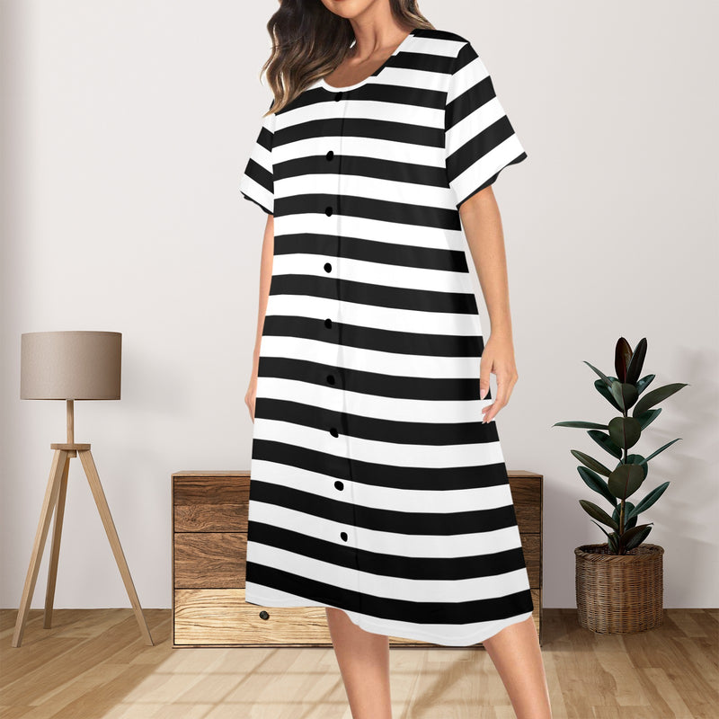 bw bold striped print 2 Women's Button Front House Dress - Objet D'Art