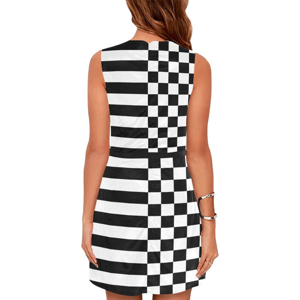 check stripe print 2 Eos Women's Sleeveless Dress (Model D01) - Objet D'Art