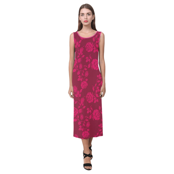 FB Roses in shades of burgundy print Phaedra Sleeveless Open Fork Long Dress (Model D08) - Objet D'Art