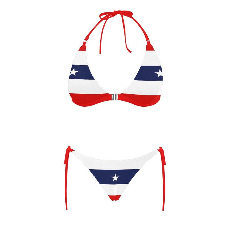 red white blue star and stripes print Buckle Front Halter Bikini Swimsuit (Model S08) - Objet D'Art