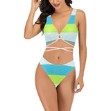 NEON GREEN BLUE WHITE MICROSTRIPED PRINT 2 Cross String Bikini Set (Model S29) - Objet D'Art