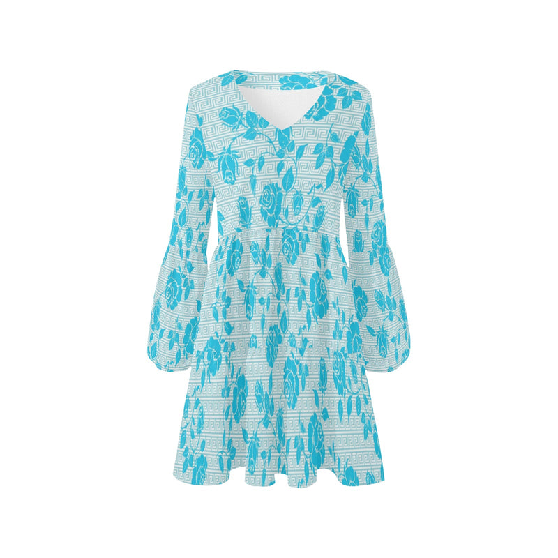 light blue greek key and medium blue roses print 2 V-Neck Loose Fit Dress (Model D62) - Objet D'Art