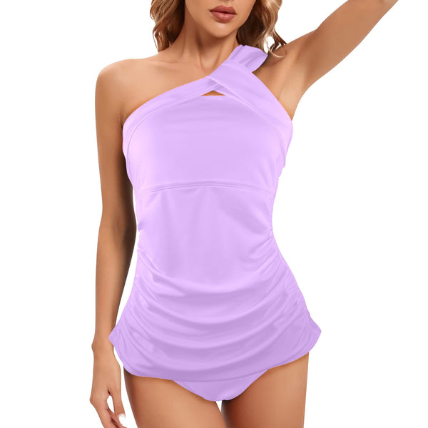 mauve print dress shirt Women's One Shoulder Backless Swimsuit (Model S44) - Objet D'Art