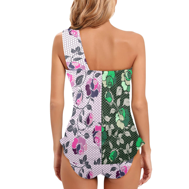 ROSE MULTICOLORED GRAY PINK PRINT 5 Women's One Shoulder Backless Swimsuit (Model S44) - Objet D'Art