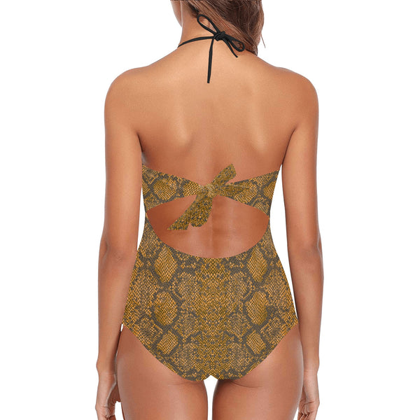 bronze snakeskin print Lace Band Embossing Swimsuit (Model S15) - Objet D'Art