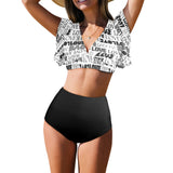 black solid print skirt Women's Ruffle Sleeve Bikini Swimsuit (Model S42) - Objet D'Art