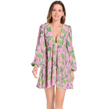 Lantern Sleeve Deep V-Neck Short Dress - Objet D'Art