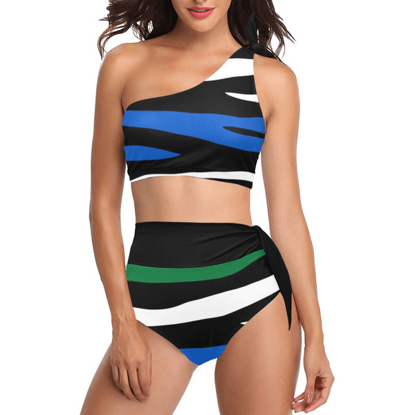 black solid print skirt High Waisted One Shoulder Bikini Set (Model S16) - Objet D'Art