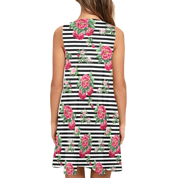 thin bw stripes roses red print 2 Sleeveless A-Line Pocket Dress (Model D57) - Objet D'Art