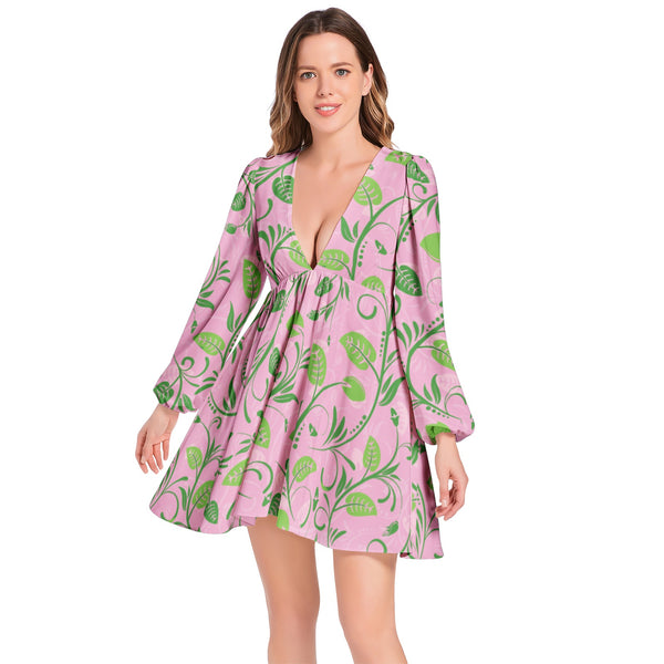 Lantern Sleeve Deep V-Neck Short Dress - Objet D'Art