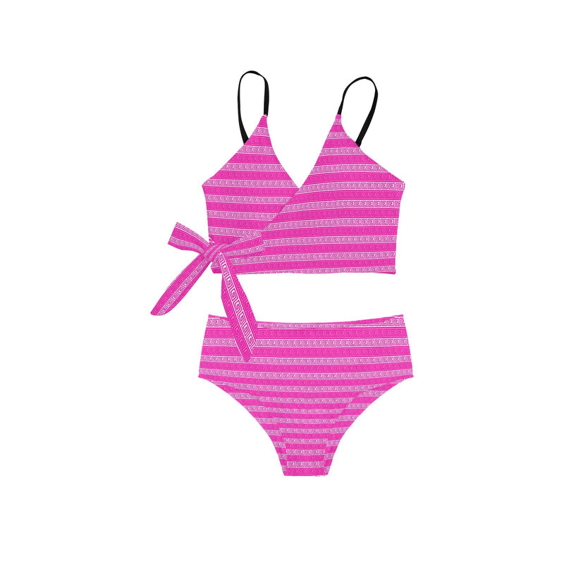 fuchsia and white greek key print Knot Side Bikini Swimsuit (Model S37) - Objet D'Art