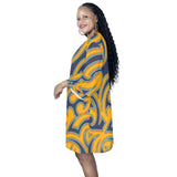 scroll turmeric blue stroke print Half Sleeves V-Neck Mini Dress (Model D63) - Objet D'Art