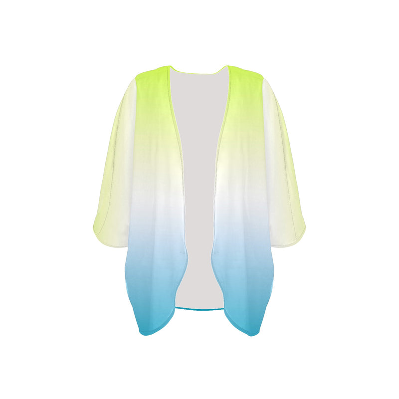 neon green to sky blue ombre Women's Kimono Chiffon Cover Up (Model H51) - Objet D'Art