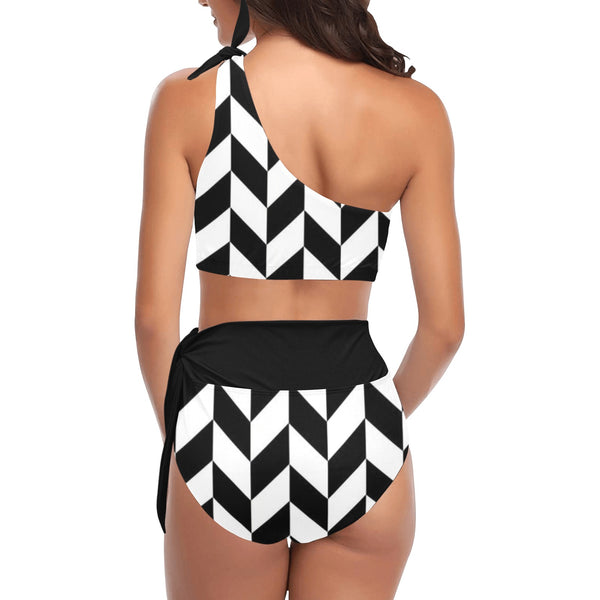 black solid print skirt High Waisted One Shoulder Bikini Set (Model S16) - Objet D'Art