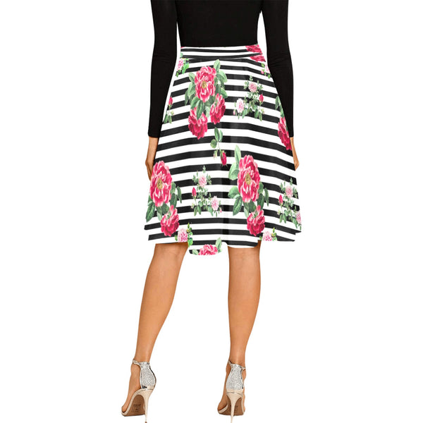thin bw stripes roses red print 2 Melete Pleated Midi Skirt (Model D15) - Objet D'Art