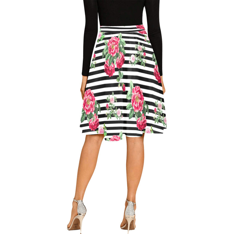 thin bw stripes roses red print 2 Melete Pleated Midi Skirt (Model D15) - Objet D'Art