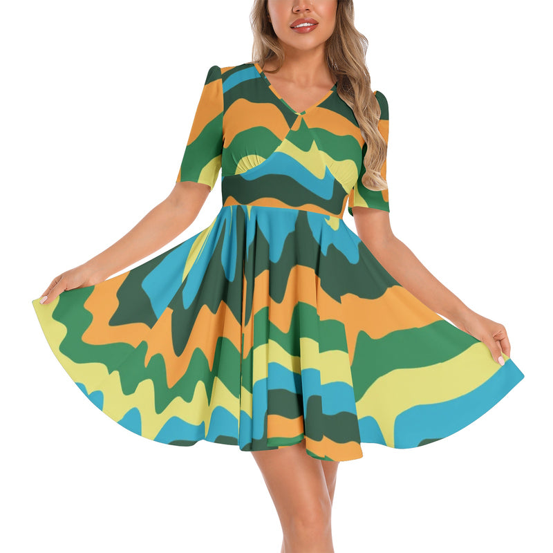 Abstract Colors Short Sleeve Ruched Bust Flared Hem Dress - Objet D'Art