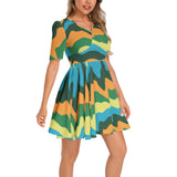 Abstract Colors Short Sleeve Ruched Bust Flared Hem Dress - Objet D'Art