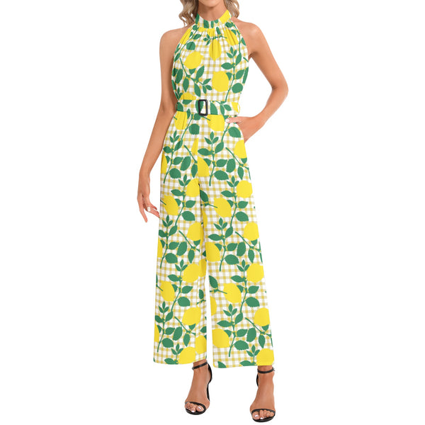 Halter Neck Buckle Belted Jumpsuit - Objet D'Art