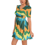 Abstract Colors Short Sleeve Ruched Bust Flared Hem Dress - Objet D'Art