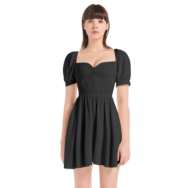 Black Puff Sleeve Sweetheart Neck Short Dress - Objet D'Art
