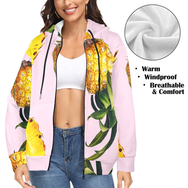 pink pineapple print 2B Women's Fleece Full-Zip Hoodie (Model H60) - Objet D'Art
