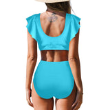 light blue bikini bottom print solid Women's Ruffle Sleeve Bikini Swimsuit (Model S42) - Objet D'Art