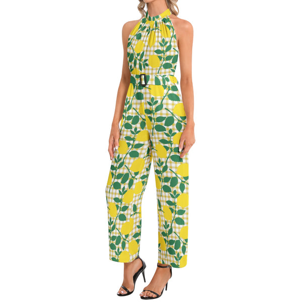 Halter Neck Buckle Belted Jumpsuit - Objet D'Art