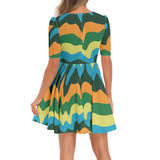 Abstract Colors Short Sleeve Ruched Bust Flared Hem Dress - Objet D'Art