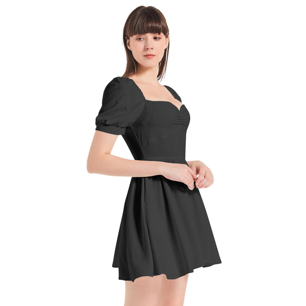 Black Puff Sleeve Sweetheart Neck Short Dress - Objet D'Art