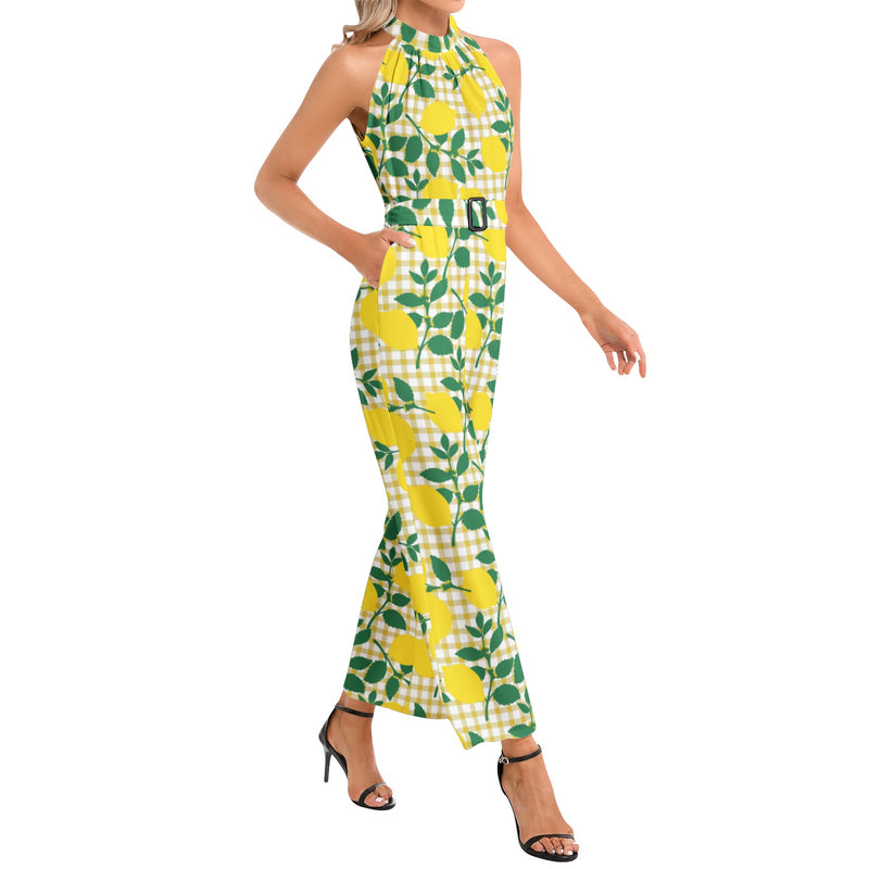 Halter Neck Buckle Belted Jumpsuit - Objet D'Art