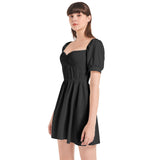 Black Puff Sleeve Sweetheart Neck Short Dress - Objet D'Art