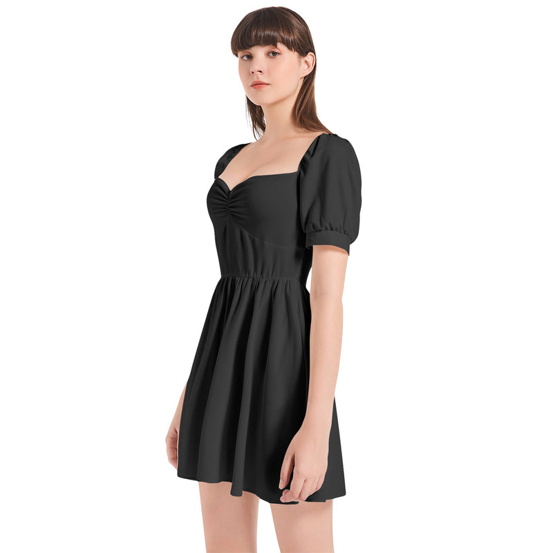 Black Puff Sleeve Sweetheart Neck Short Dress - Objet D'Art