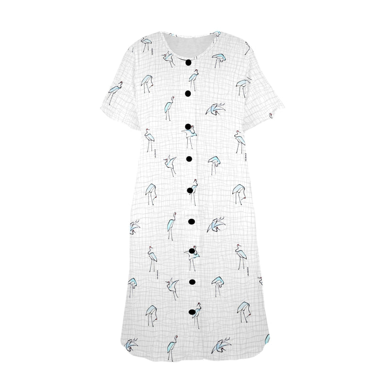 blue and white solid half Women's Button Front House Dress - Objet D'Art