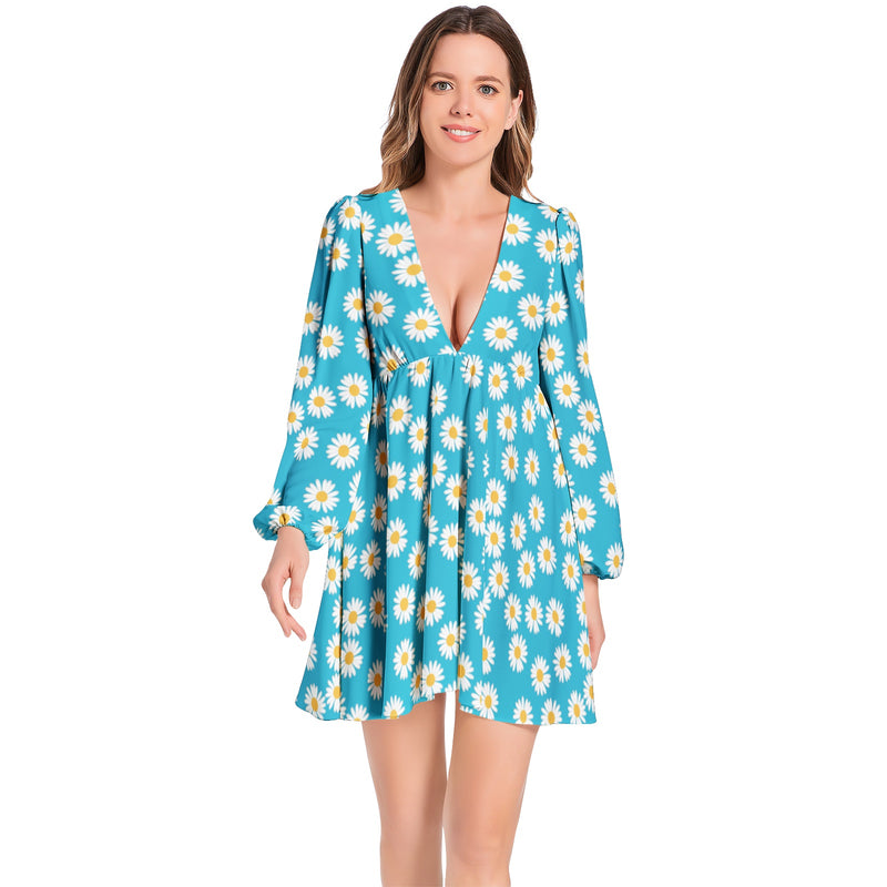 Daisy Print Lantern Sleeve Deep V-Neck Short Dress - Objet D'Art