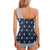 kemp logoed swimsuit gray print Women's One Shoulder Backless Swimsuit (Model S44) - Objet D'Art