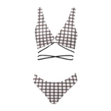 grid red gray print 2 Cross String Bikini Set (Model S29) - Objet D'Art