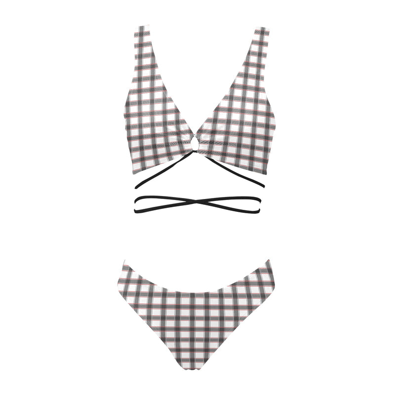 grid red gray print 2 Cross String Bikini Set (Model S29) - Objet D'Art