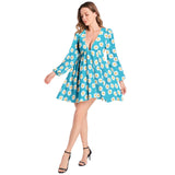 Daisy Print Lantern Sleeve Deep V-Neck Short Dress - Objet D'Art