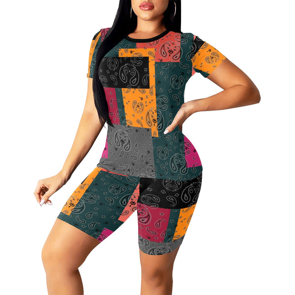 bandana print calico yoga_leggings_template-Recovered-Recovered copy Women's Short Yoga Set - Objet D'Art