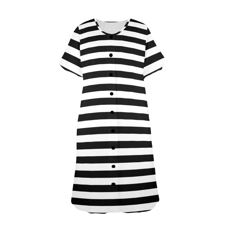 bw bold striped print 2 Women's Button Front House Dress - Objet D'Art