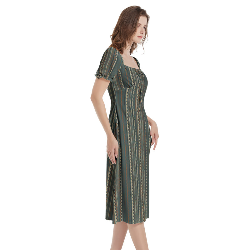 Tribal Storm Puff Sleeve Split Thigh Midi Dress - Objet D'Art