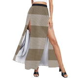 microstriped brown beige print 2 High Slit Long Beach Dress (Model S40) - Objet D'Art
