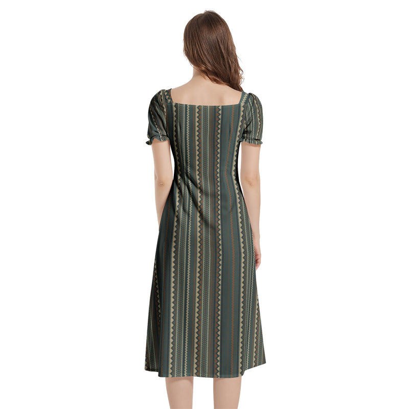 Tribal Storm Puff Sleeve Split Thigh Midi Dress - Objet D'Art