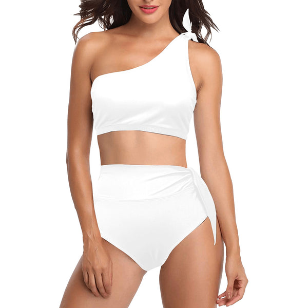 white solid print addsart High Waisted One Shoulder Bikini Set (Model S16) - Objet D'Art