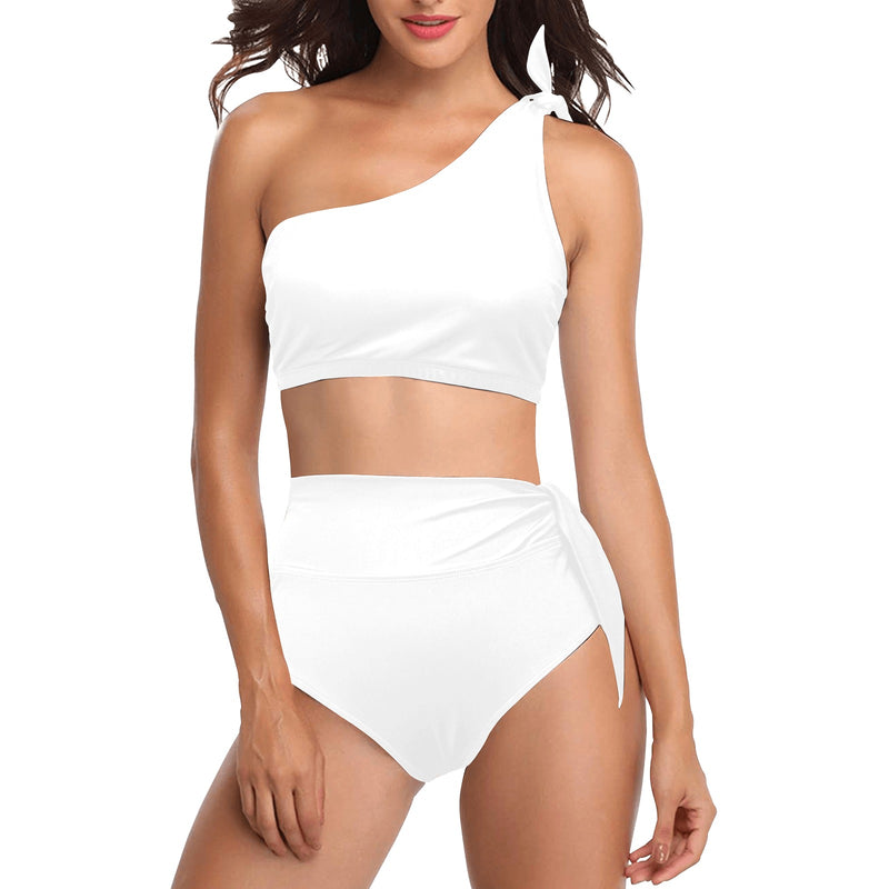 white solid print addsart High Waisted One Shoulder Bikini Set (Model S16) - Objet D'Art
