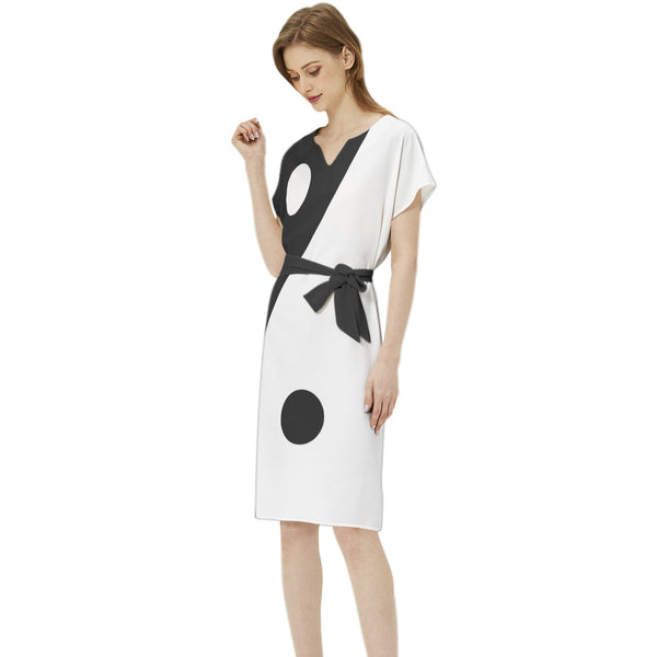 Yin and Yang Batwing Sleeve Notch Neck Casual Dress with Belt - Objet D'Art